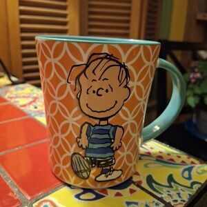 Peanuts Linus Funky Mug 15 Oz. Orange & Teal Arabesque Gibson Overseas Vntg Feel